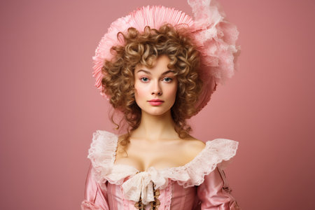 Beautiful Woman Dressed as a Member of the 1700's French Royal Court on studio pink backgroundの素材