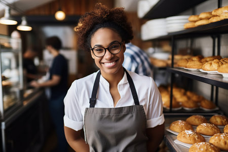 Portrait of smiling African American female staff standing in pastry shopの素材
