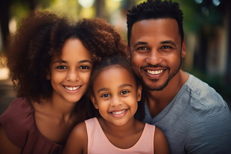 Head shot portrait of happy African American parents with little daughter hugging outside.の素材