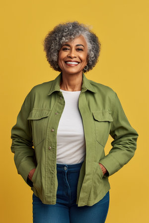 Smiling elderly African American IT woman 50s years old wears jacket white t-shirt hold closed laptop pc computer isolated on plain yellow background studio portrait. People lifestyle conceptの素材
