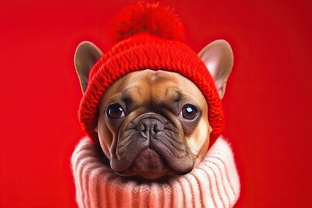 Cute French Bulldog in a Red Hat and Scarf on a Red Background with Space for Copyの素材