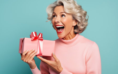 Excited woman opening a present on color backgroundの素材