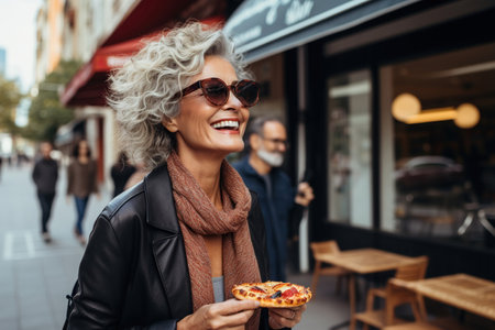 cheerful mature woman eating pizza while standing in the city streetの素材