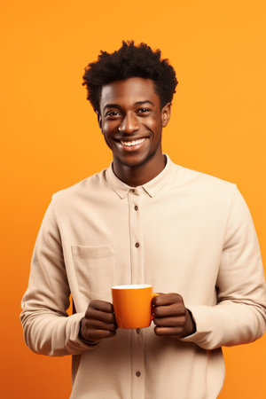 Happy African American man with cup of coffee on orange backgroundの素材