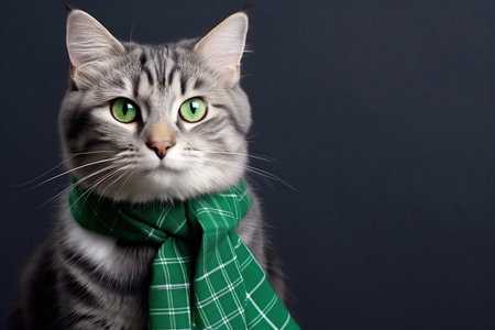 Cute Cat Dressed in a Green Plaid Scarf with Space for Copyの素材
