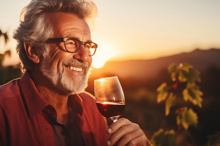 Portrait of senior man tasting red wine in vineyard at sunsetの素材