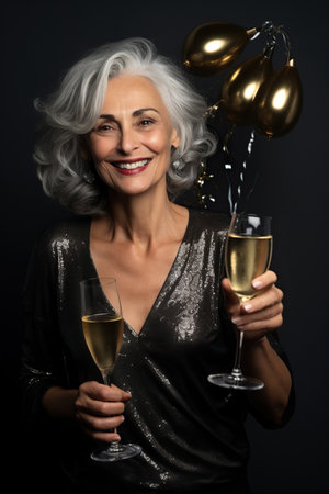 Happy Mature woman with Gray Hair Celebrating New Years Party on a black Background with Space for Copyの素材