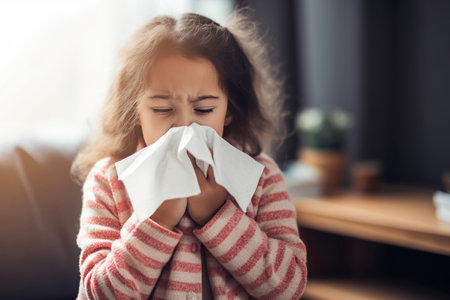 Preschool girl with the flu, blowing her nose using a tissue.の素材