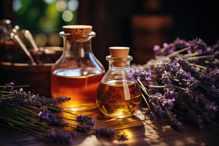 Essential Aromatic oil and lavender flowers, natural remedies, aromatherap.の素材