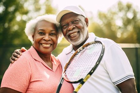 Happy senior african american couple with tennis racketsの素材