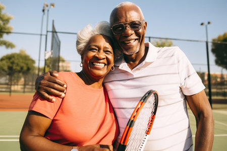 Happy senior african american couple with tennis racketsの素材
