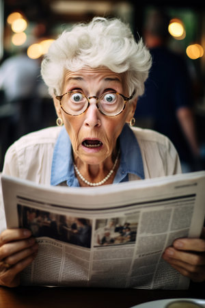 Extreme close up shocked and surprised elderly woman reading newspaper in the morning at cafeの素材