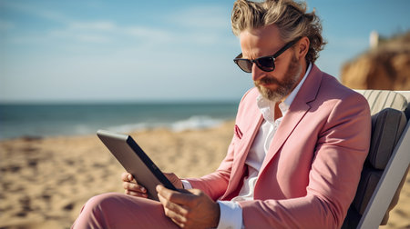 a startup CEO with tablet on the beachの素材