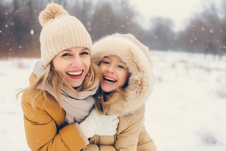 happy mom and kid playing in winter park, enjoying snowy weatherの素材