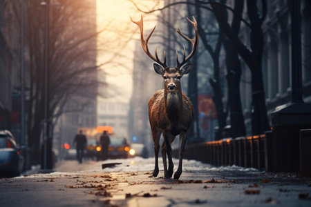 a deer walks on a city streetの素材