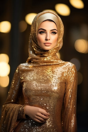 Arabic Woman in golden dress on the streetの素材