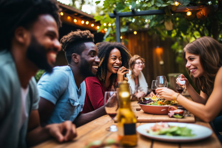 Multiracial friends having fun at barbecue dinner partyの素材