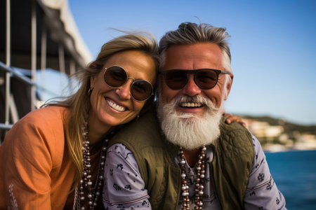 Happy senior couple sitting on the side of sail boatの素材