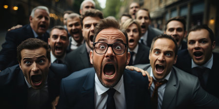 a group of businessmen screaming with their mouths openの素材