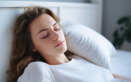 A woman is sleeping on a square white pillow, close-up side view of the person sleeping on the pillowの素材