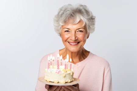 Happy beautiful old woman holding birthday cake with candles, isolated on clean white background.の素材