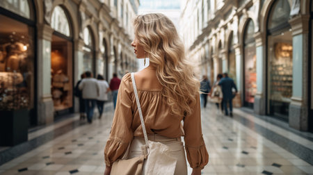 Woman with long blonde hair walking through Milanoの素材