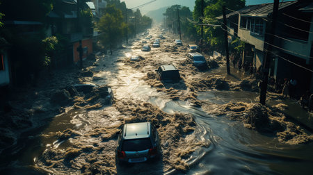 Flooded cars on the street of the city. Urban Flooding After Heavy Stormの素材