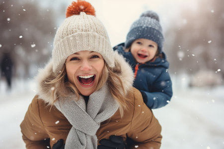 Mother playful with little son having fun together outdoor on frosty dayの素材