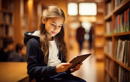 a schoolgirl at school library is using a digital tablet for learningの素材