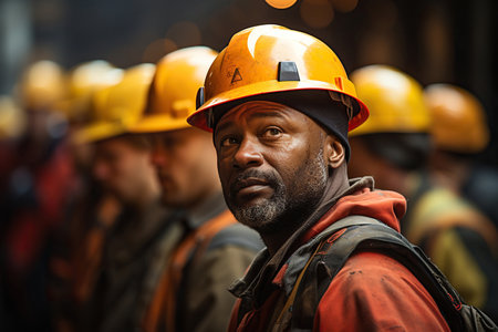 Industrial workers in safety vests and hard hatsの素材