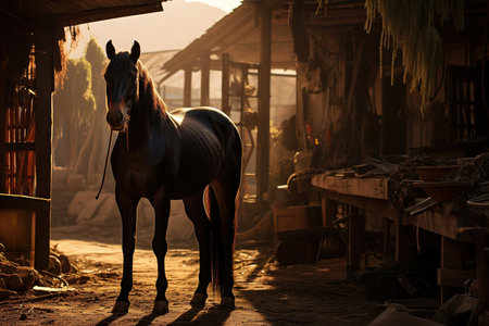 black horse in a stable morning soft sun lightの素材