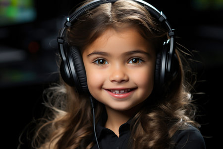 little girl with a call center headset smiling and wearing a white shirt, black backgroundの素材