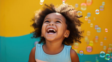 A child blowing bubbles and laughing with joy against a colorful backgroundの素材