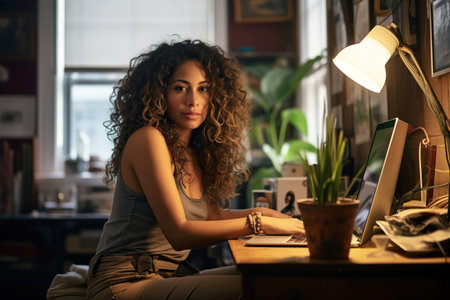 beautiful authentic Latina female sitting at a desk in a cozy living room and using a laptop computer at homeの素材