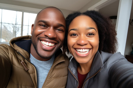 Head shot portrait overjoyed African American married couple showing keysの素材