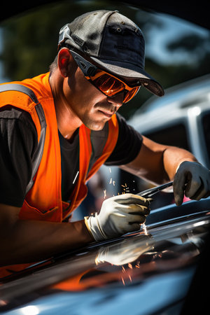 a modern auto repairman grinding autobody bonnetの素材