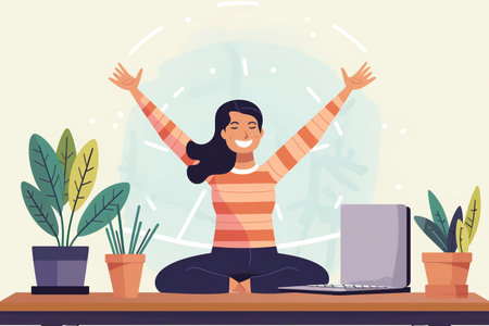 Graphic designer stretching her armsの素材