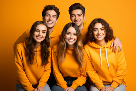 Education concept. Happy team of students on yellow background.の素材