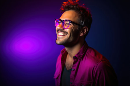 man with glasses and purple dress on purple background smiling, in the style of neon and fluorescent light, photorealistic pasticheの素材