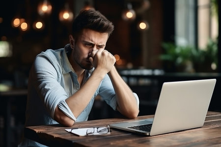 Stressed business man sitting at office workplace. Tired and overworked student man. Young exhausted men in stress working on laptop computerの素材