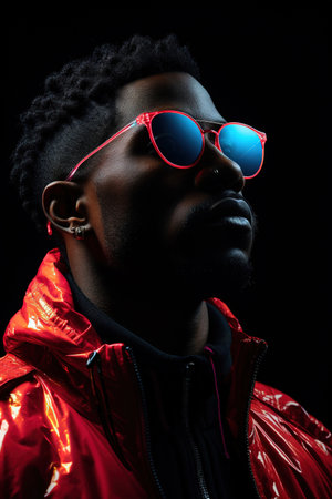 The retro wave or synth wave portrait of a young happy serious African man at studio. High Fashion male model in colorful bright neon lights posing on black background. Art design conceptの素材