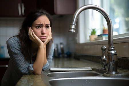A forlorn woman at her kitchen sink looking worried about a plumbing problem, suggesting a leak and the need for help and assistanceの素材