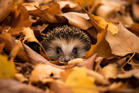 a hedgehog was hiding in a pile of dry leavesの素材
