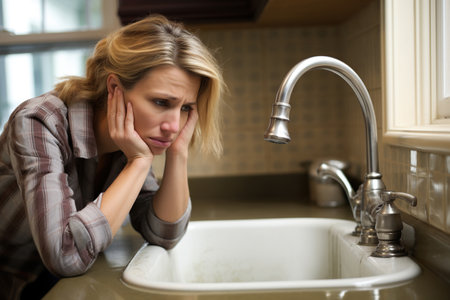 A forlorn woman at her kitchen sink looking worried about a plumbing problem, suggesting a leak and the need for help and assistanceの素材