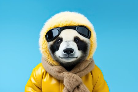 a panda wearing a snow cap and scarf,yellow isolated blue backgroundの素材