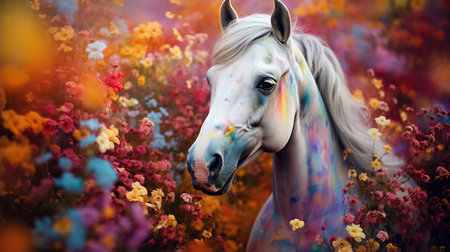 A white horse with Holi colors standing in flowersの素材