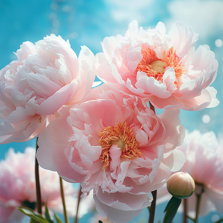 Beautiful pink large flowers peonies on a light blue turquoise background with blurry soft filterの素材