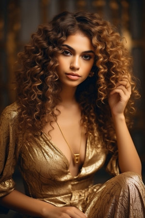 Beautiful Latin young woman with curly hair in golden dressの素材