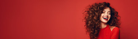 Beautiful laughing model girl with long curly hairの素材