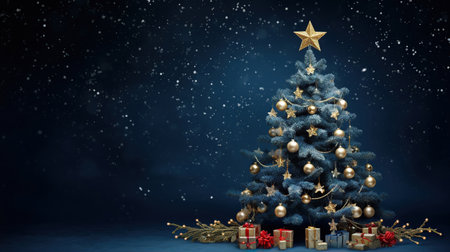 Christmas tree with decoration in the navy blue backgroundの素材